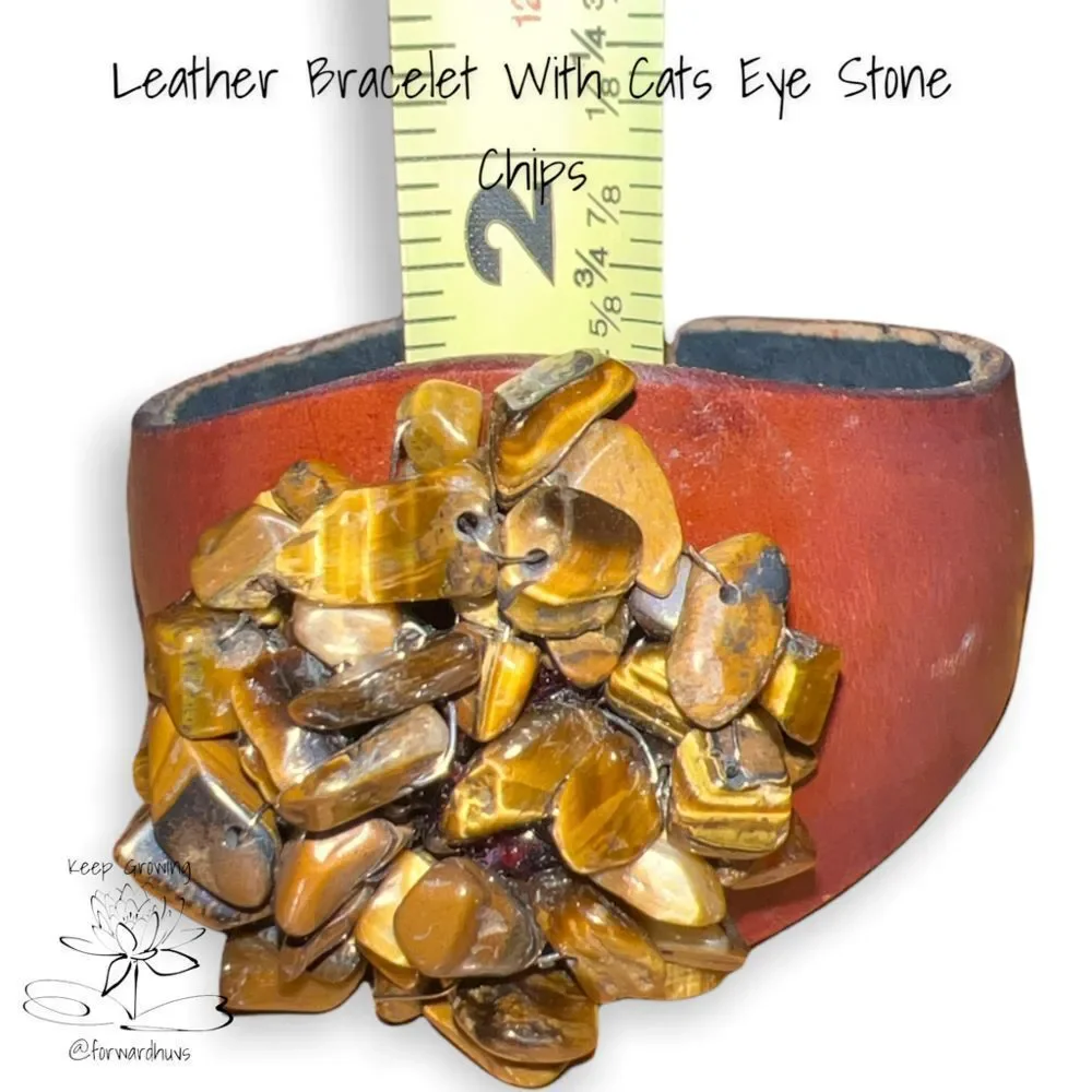 Leather Cuff Bracelet With Tigers Eye Chips Center